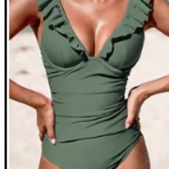 Cupshe Other - CupShe Wm's Ruffled One Piece V- Neck Lace Up Swimsuit Olive Sz Small